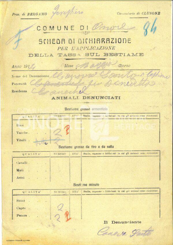 Tasse 1914 Scheda Di Dichiarazione Per L Applicazione Della Tassa Sul Bestiame 84