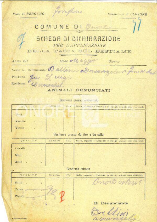 Tasse 1914 Scheda Di Dichiarazione Per L Applicazione Della Tassa Sul Bestiame Bellini 77