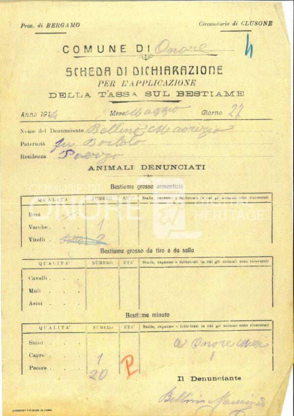 Tasse 1914 Scheda Di Dichiarazione Per L Applicazione Della Tassa Sul Bestiame Bellini Maurizio 4