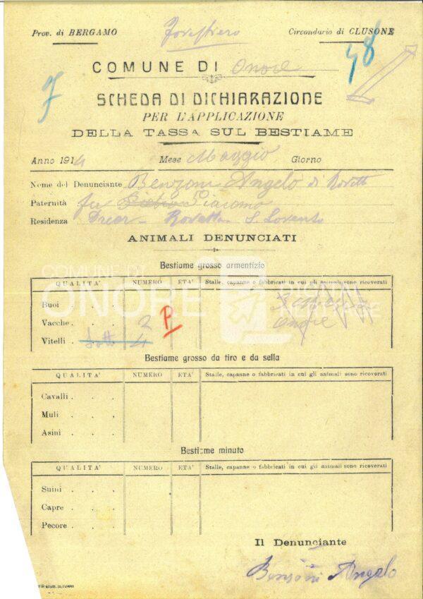 Tasse 1914 Scheda Di Dichiarazione Per L Applicazione Della Tassa Sul Bestiame Benzoni Andrea 79