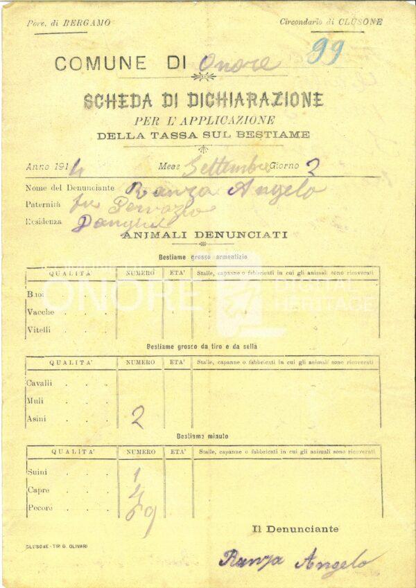 Tasse 1914 Scheda Di Dichiarazione Per L Applicazione Della Tassa Sul Bestiame Ranza Angelo 99