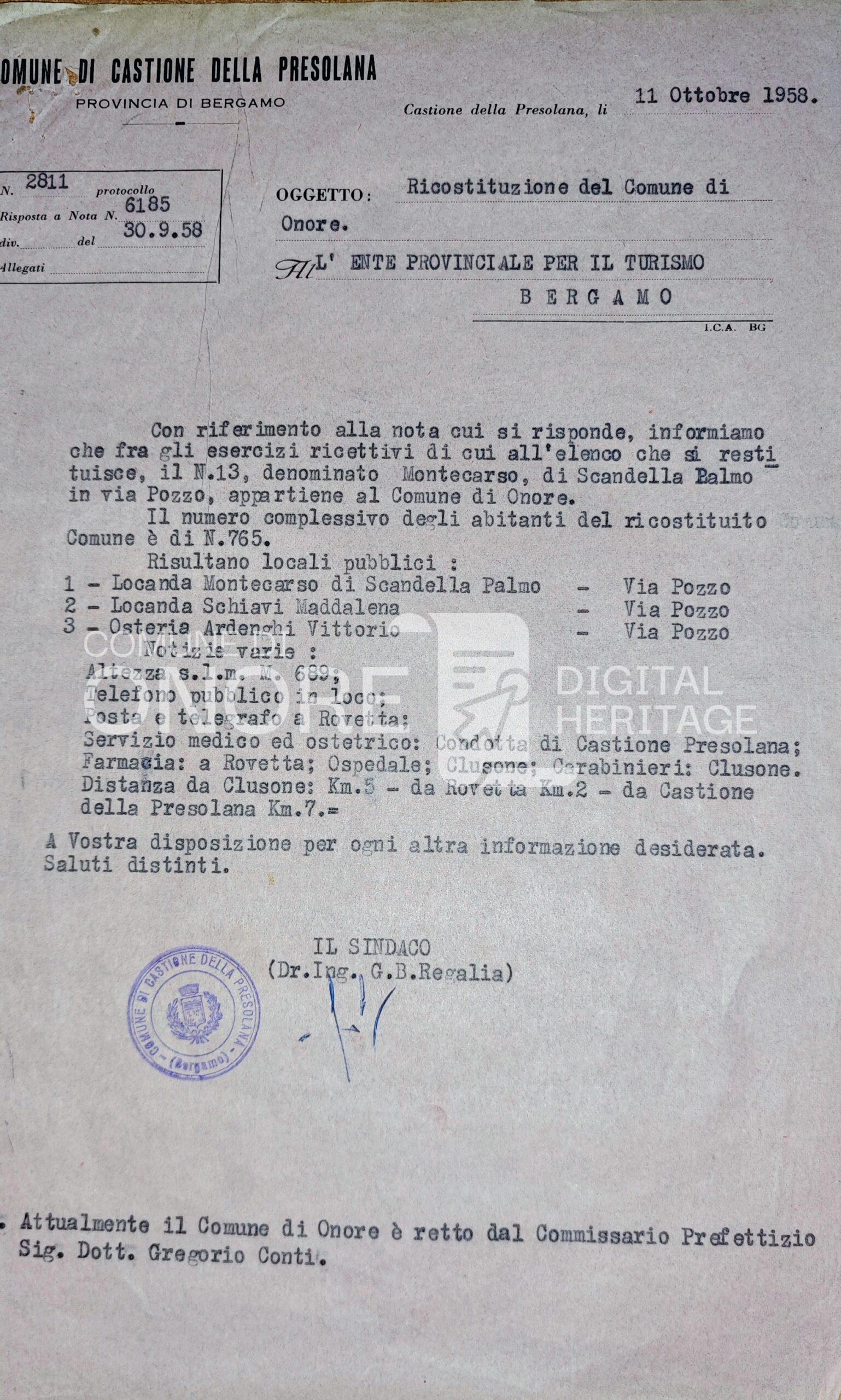 Notizie sul comune appena ricostituito 1958