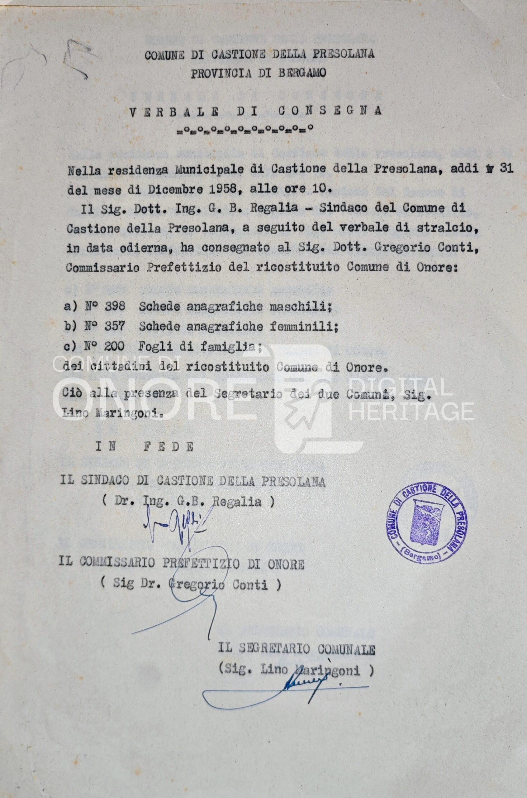Gli abitanti di Onore nel 1958